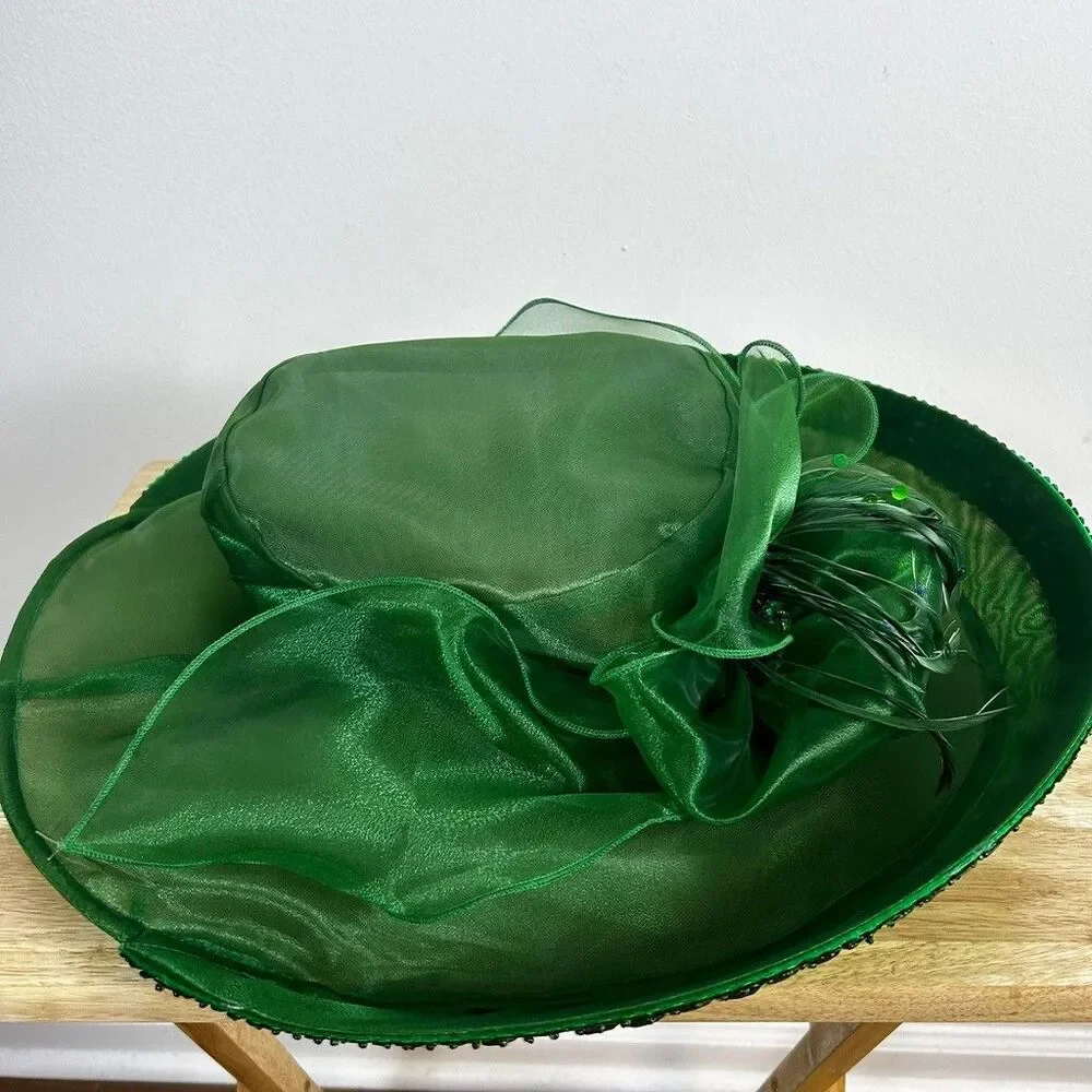 Ashro Womens Green Organza Church Hat Wide Brim Feather Beaded Trim Kentucky